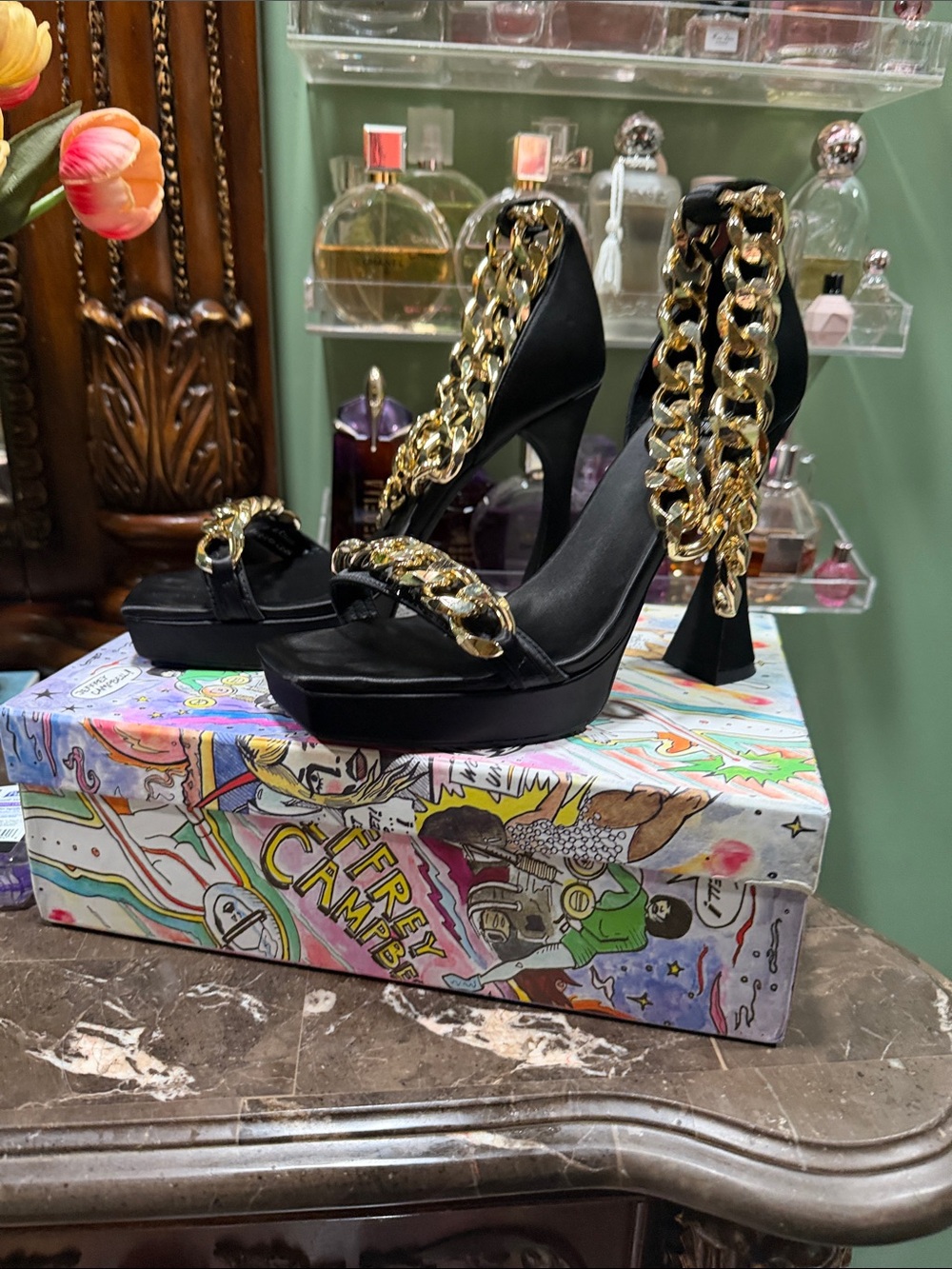 Jeffrey Campbell Black Heeled Sandals with Gold Chain Trim - Picture 6 of 7